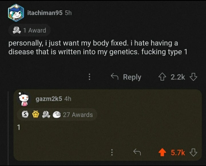 Personally, i just want my body fixed Комментарий на Reddit «personally, i just want my body fixed» и ответ «1»