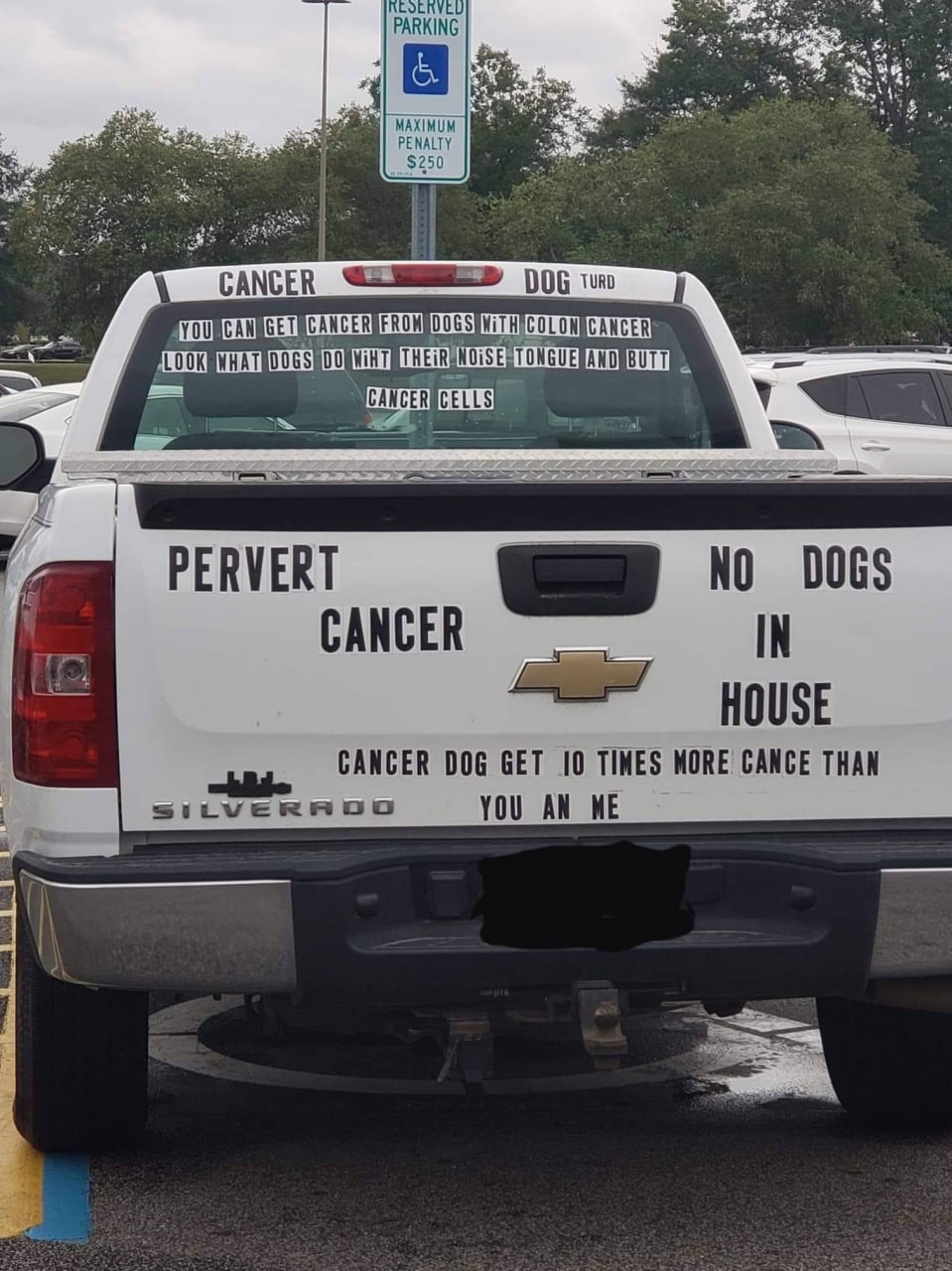 Перверт рак никаких собак в доме Белый пикап Chevrolet Silverado с наклейками про собак, рак и перверсию, припаркованный на улице.