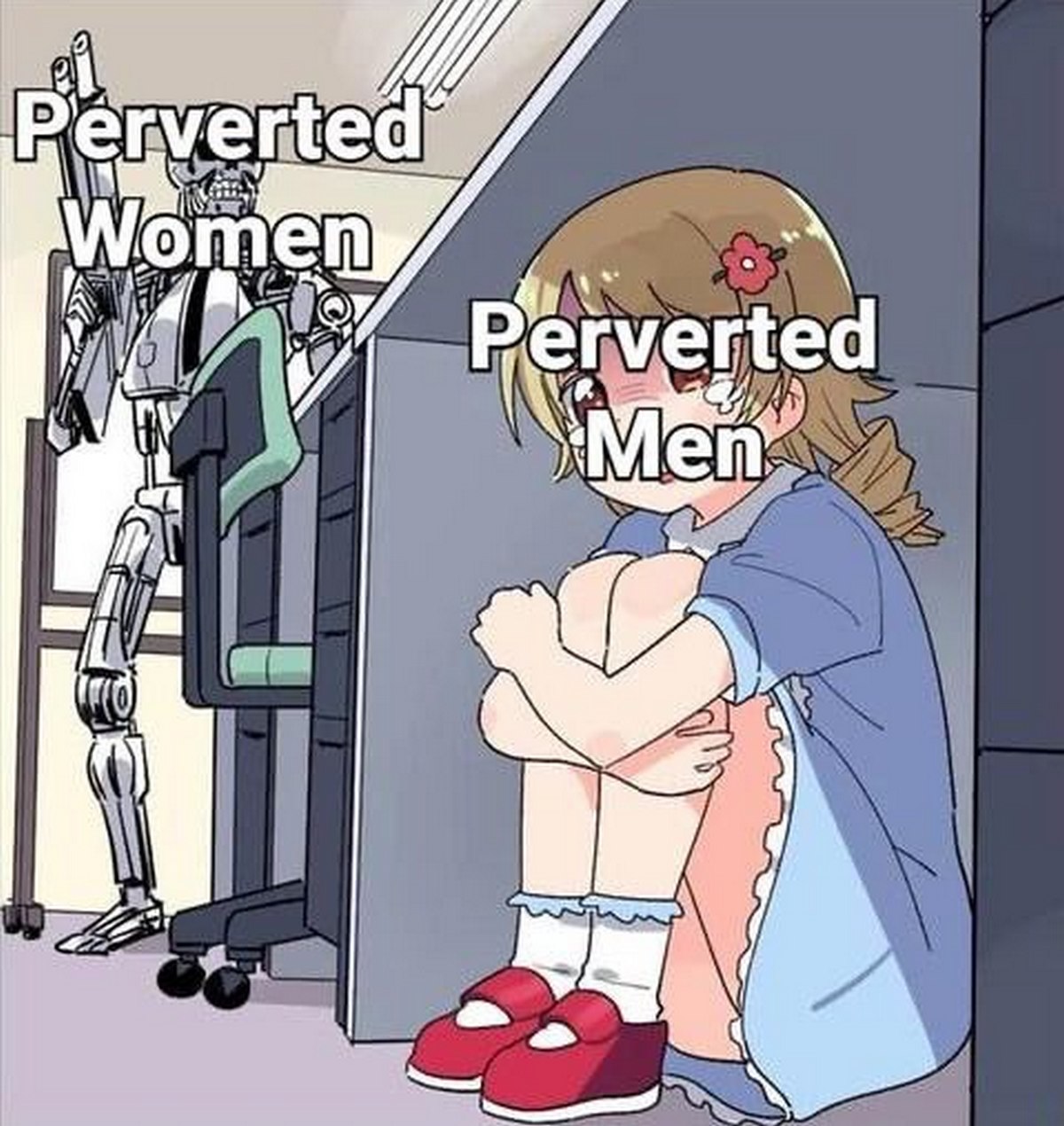 Perverted Women vs Perverted Men Мем про похоть и гендерные стереотипы, изображающий испуганную аниме-девочку и терминатора T-800, символизирующий превратных мужчин и женщин.