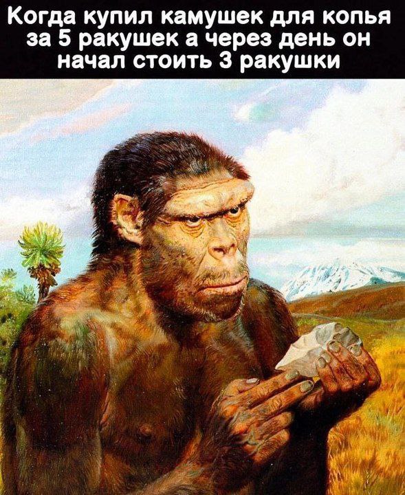 Первобытный инвестор Древний человек держит в руках камень и разочарованно смотрит вдаль на фоне заснеженных гор, обдумывая неудачную инвестицию в первобытной экономике.