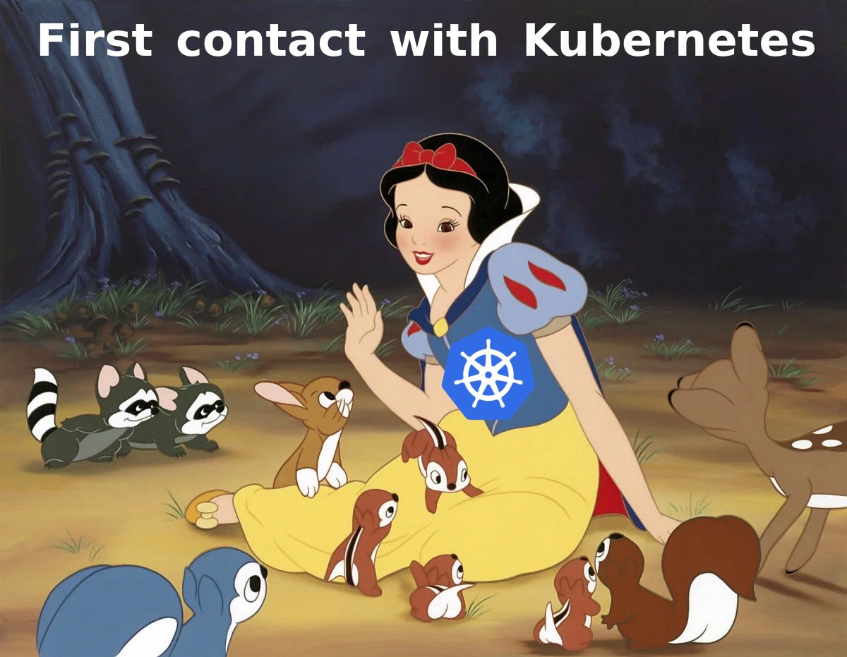 Первый контакт с Kubernetes Белоснежка в лесу встречает животных с эмблемой Kubernetes, что означает "первый контакт с Kubernetes".