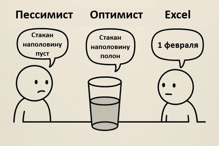 Пессимист, оптимист и Excel Мем с пессимистом, оптимистом и Excel, которые по-разному комментируют стакан с водой.