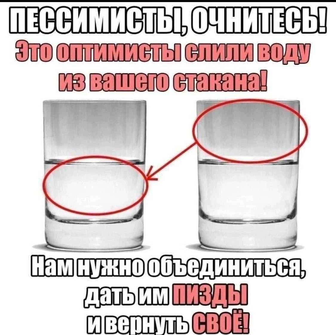 Пессимисты, очнитесь! Это оптимисты слили воду из вашего стакана! Мем с двумя стаканами воды и текстом "Пессимисты, очнитесь! Это оптимисты слили воду из вашего стакана! Нам нужно объединиться, дать им пизды и вернуть своё!"