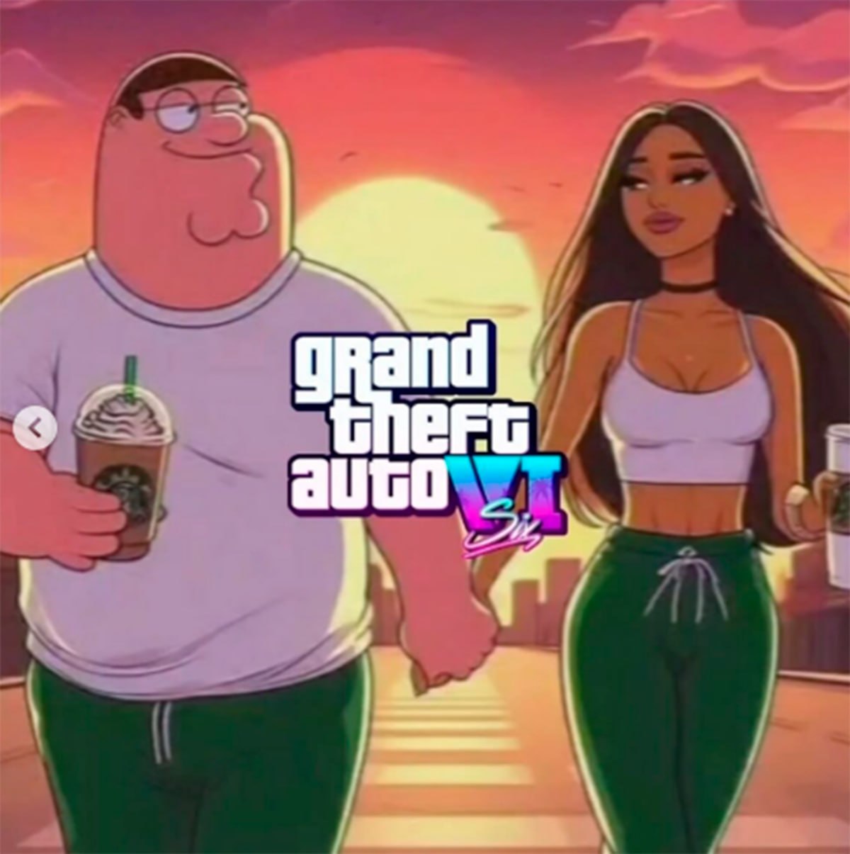 Питер Гриффин и Ариана Гранде GTA 6 Питер Гриффин и Ариана Гранде гуляют вместе, стилизованные под обложку Grand Theft Auto VI, на фоне заката.