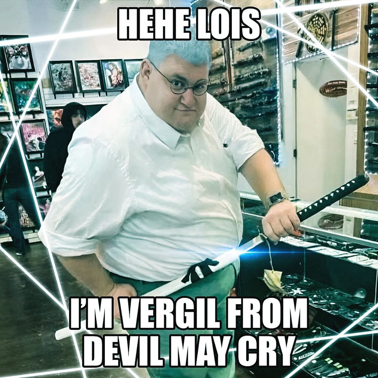 Питер Гриффин Вергилий из Devil May Cry Питер Гриффин в образе Вергилия из Devil May Cry с катаной и голубыми волосами.