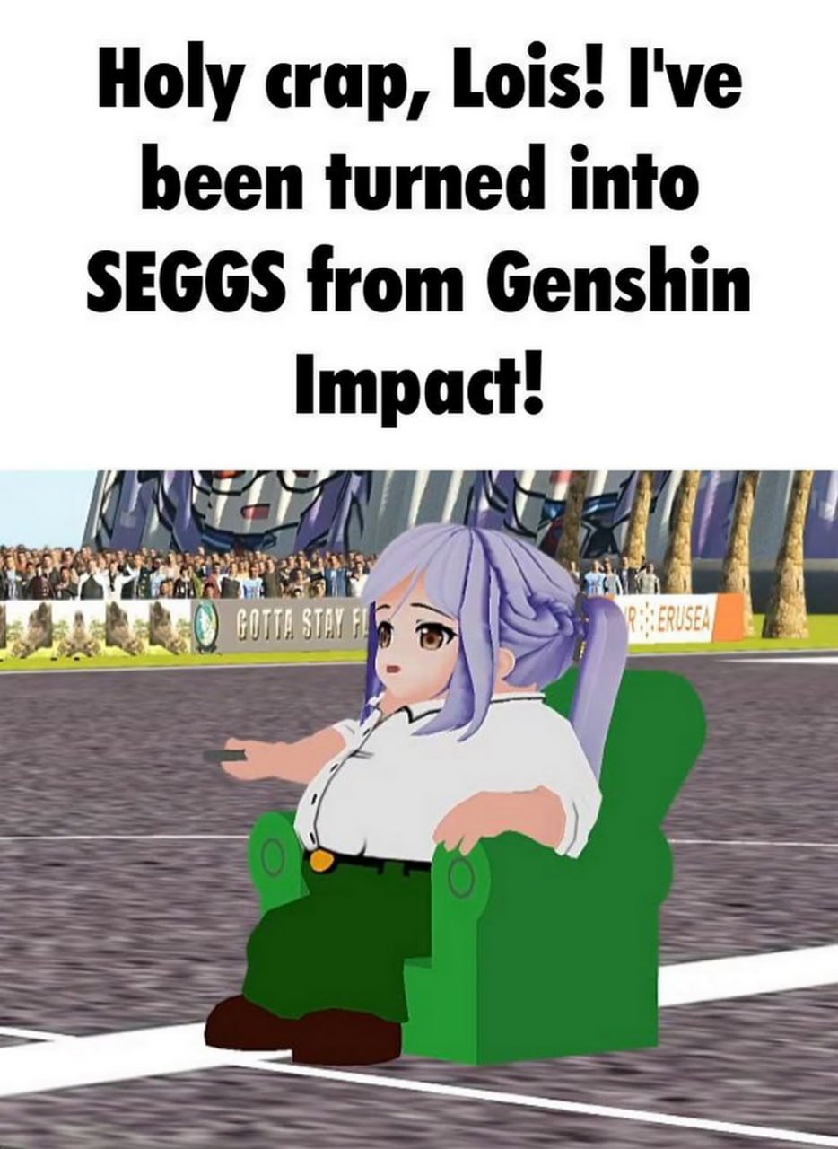 Питер Гриффин стал SEGGS из Genshin Impact Питер Гриффин в образе SEGGS из Genshin Impact сидит в кресле посреди гоночной трассы.