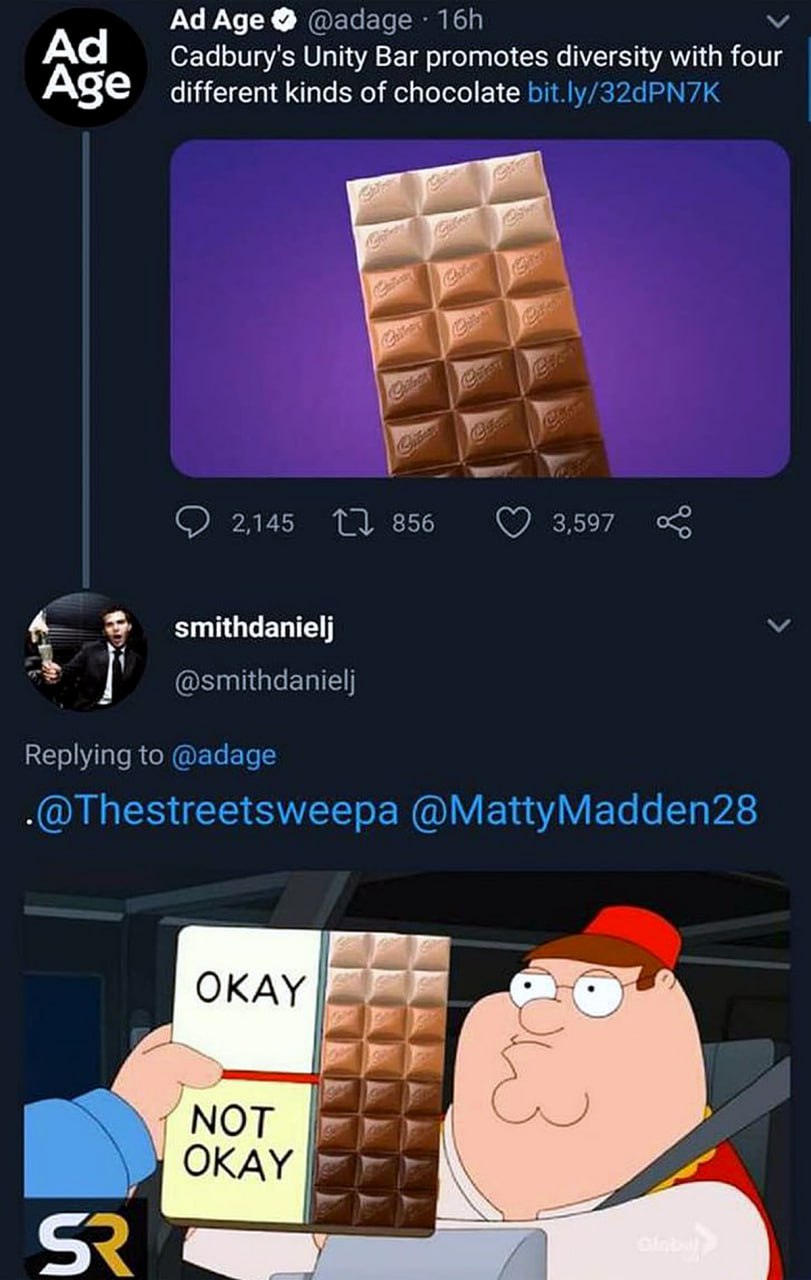 Питер Гриффин с шоколадкой Cadbury's Unity Bar Питер Гриффин с шоколадкой Cadbury's Unity Bar и надписями «ОКЕЙ» и «НЕ ОКЕЙ»