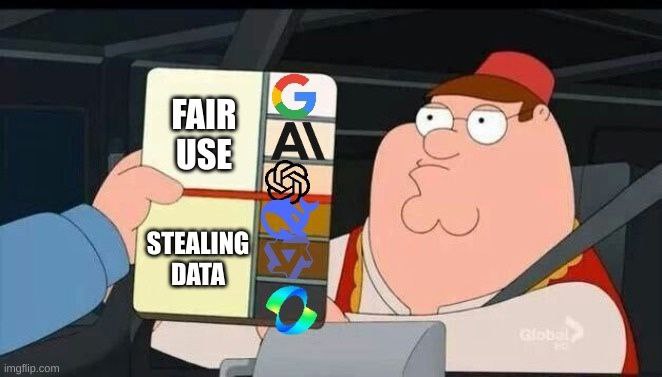 Питер Гриффин и папка Fair Use Stealing Data Питер Гриффин держит папку с надписями «Fair Use» и «Stealing Data», а также логотипами компаний ИИ.