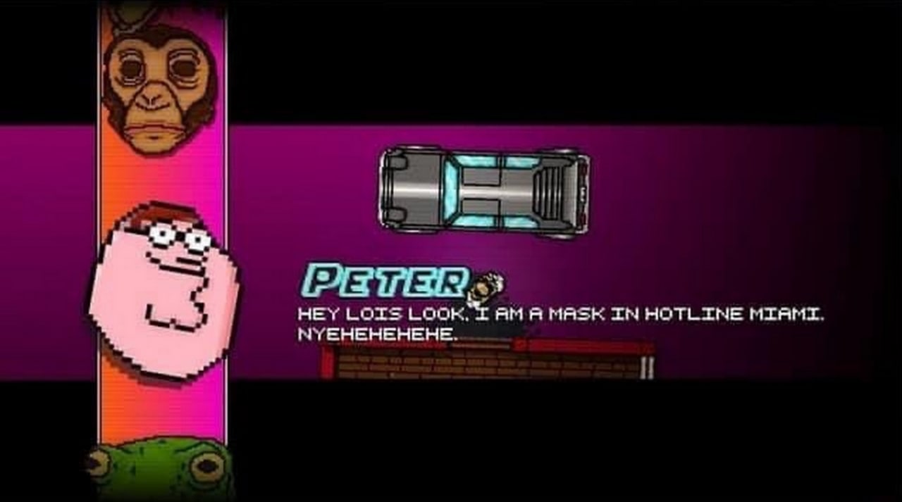 Маска Питера Гриффина в Hotline Miami Мем, где Питер Гриффин появляется в стиле Hotline Miami, говоря "Эй, Лоис, смотри, я маска в Hotline Miami. Ньехехехехе".