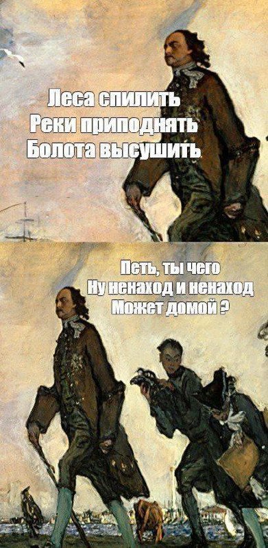 Петр I идет впереди: Леса спилить, реки приподнять Мем с Петром I, который идет впереди, а свита его спрашивает: "Петь, ты чего? Ну не наход и не наход. Может домой?" после того, как он говорит: "Леса спилить, реки приподнять, болота высушить"