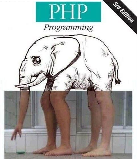Сюрреалистичная обложка PHP Programming, 3rd Edition: слон с человеческими ногами вместо обычного тела.