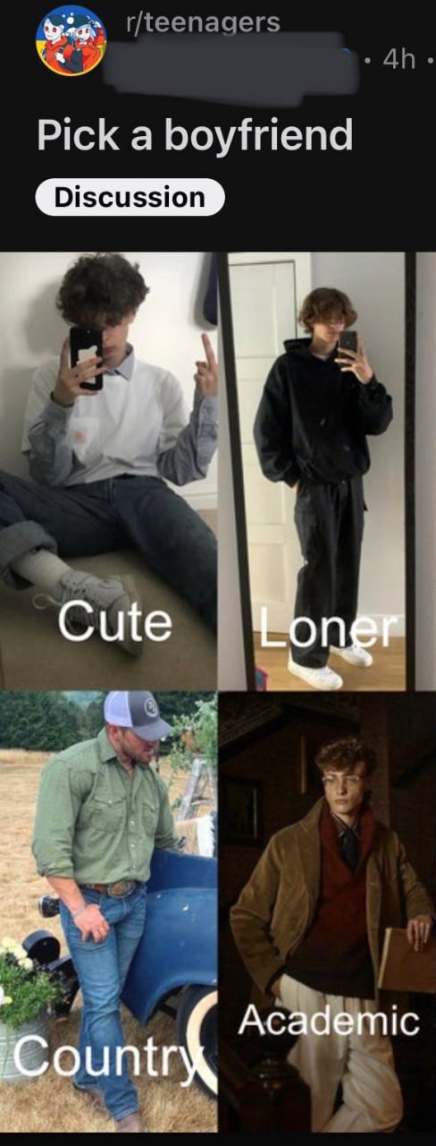 Pick a boyfriend Мем "Выбери себе парня" с четырьмя типами персонажей: "Милый", "Одиночка", "Деревенский" и "Академик".