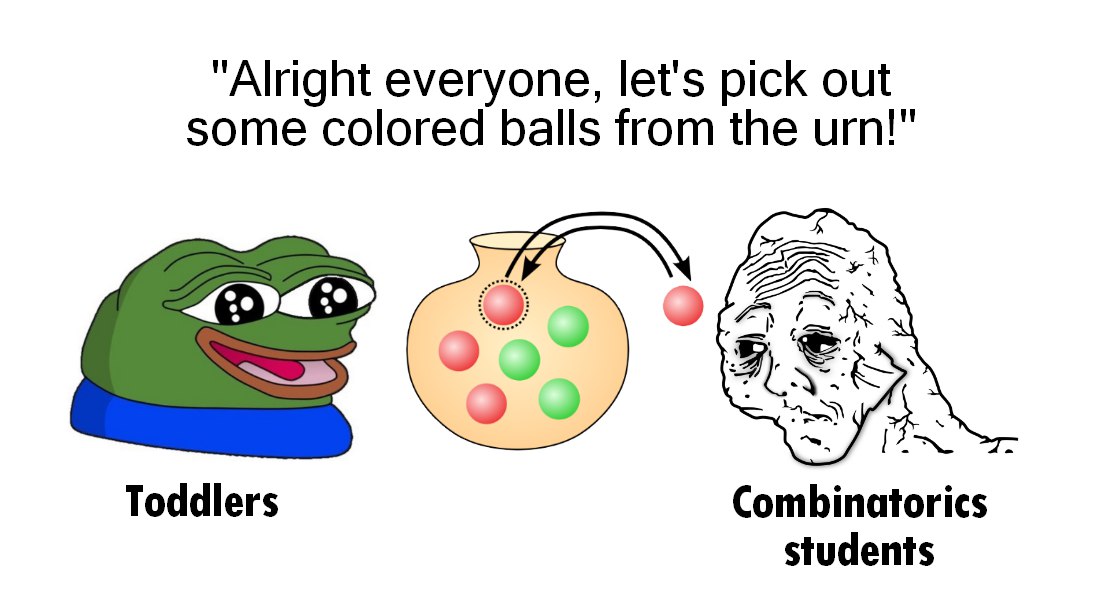 Alright everyone, let's pick out some colored balls from the urn! Младенцы и студенты-комбинаторики выбирают шарики из урны
