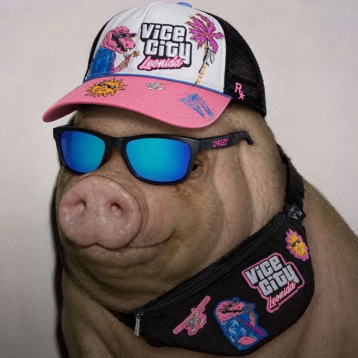 Свинья в кепке Vice City Leonida, зеркальных очках и поясной сумке выглядит как модный герой из криминальной игры