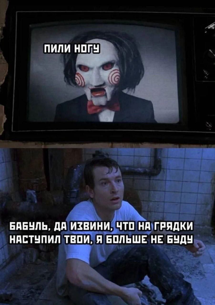 Пили ногу бабуль, да извини Мем с Пилой, который говорит «пили ногу», и напуганный парень, который извиняется за то, что наступил на бабушкины грядки.