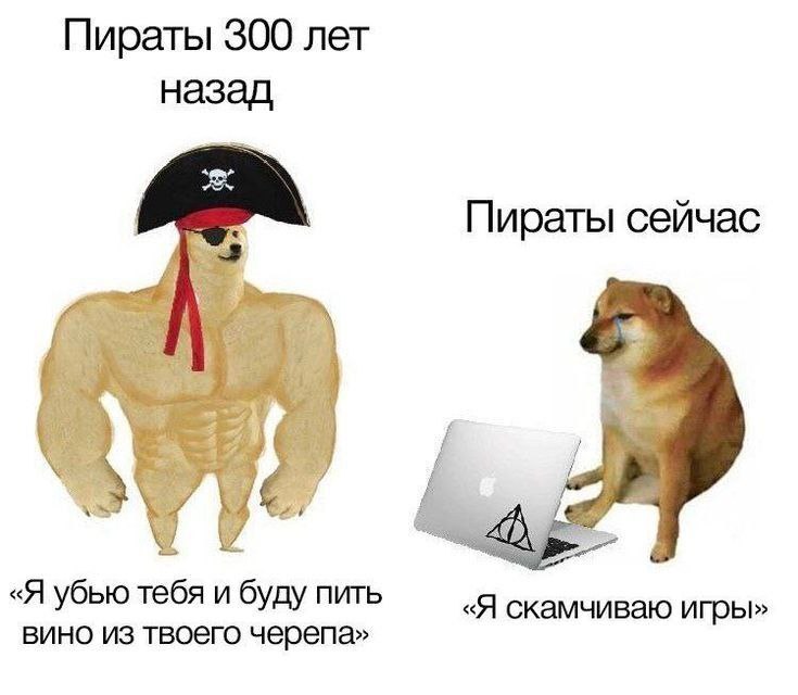Пираты 300 лет назад и сейчас Мем, сравнивающий пиратов 300 лет назад (сильный дог) и пиратов сейчас (грустный дог с ноутбуком)
