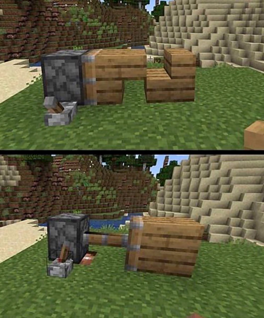 Поршень и обсервер Minecraft Мем с поршнем и обсервером из Майнкрафт, где поршень активируется и толкает блок, похожий на букву Г