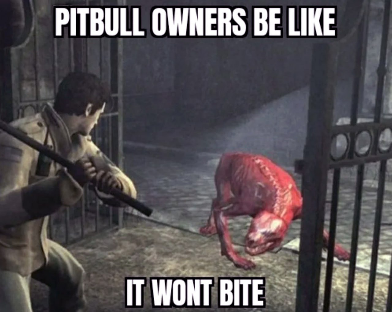 Pitbull owners be like Мем про питбулей и монстра из игры Silent Hill, который очень похож на собаку без кожи. На картинке видно, как человек целится в него палкой, а владелец питбуля, который рядом, говорит «он не укусит»
