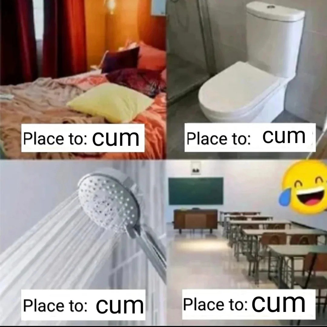 Place to cum мем Мем с фразой «Place to cum», где изображены спальня, туалет, душ и классная комната, а также эмодзи смеющегося лица.