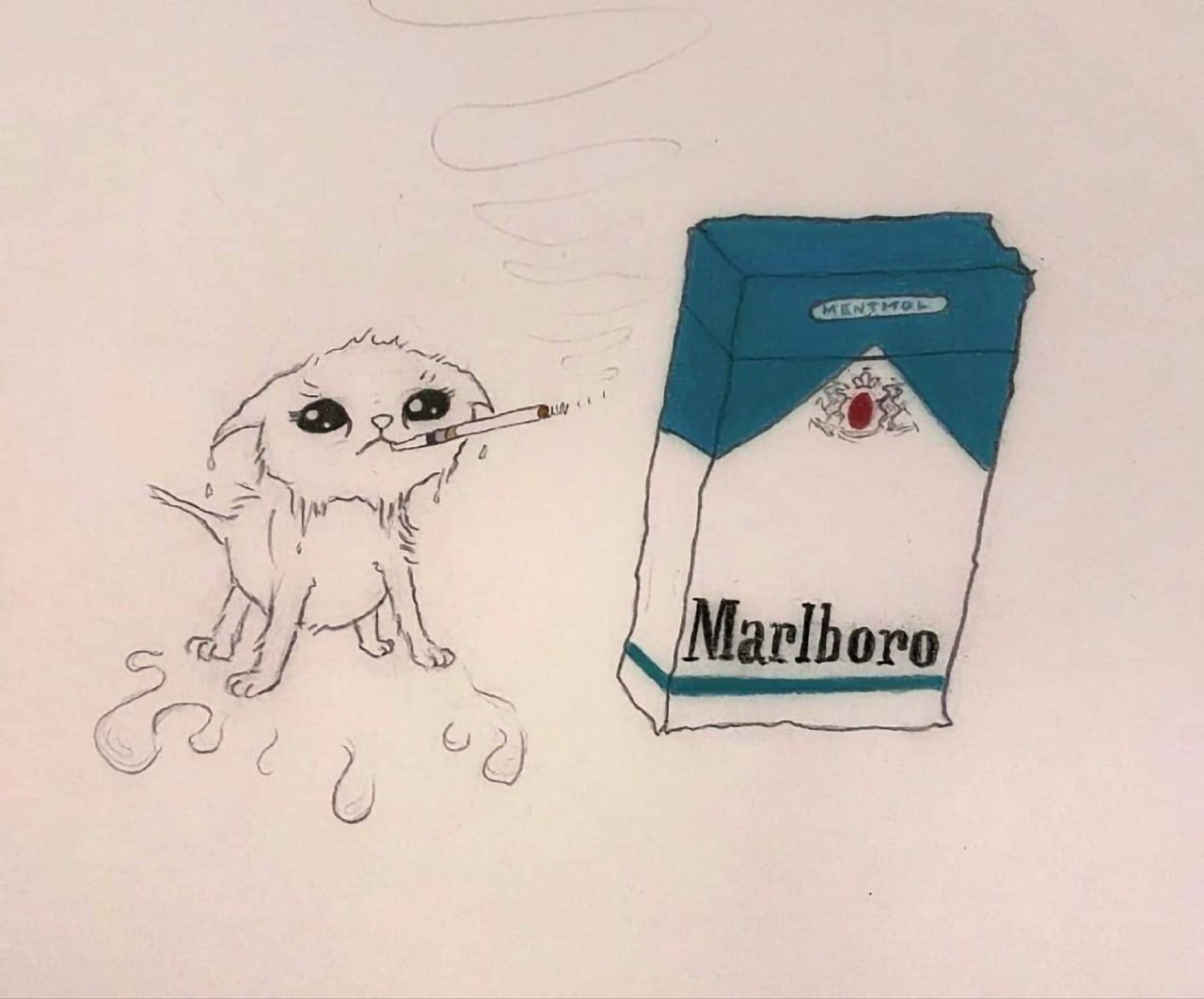 Плачущий котёнок с сигаретой Marlboro Нарисованный котёнок с сигаретой и пачкой Marlboro Menthol