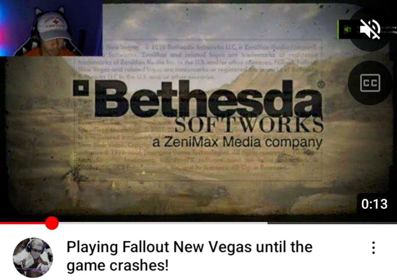 Playing Fallout New Vegas until the game crashes Стример играет в Fallout New Vegas, пока игра не вылетит, и засыпает на фоне заставки Bethesda