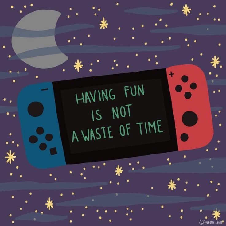Играть — это не пустая трата времени Nintendo Switch на фоне ночного неба со звездами и луной, на экране надпись: Играть — это не пустая трата времени