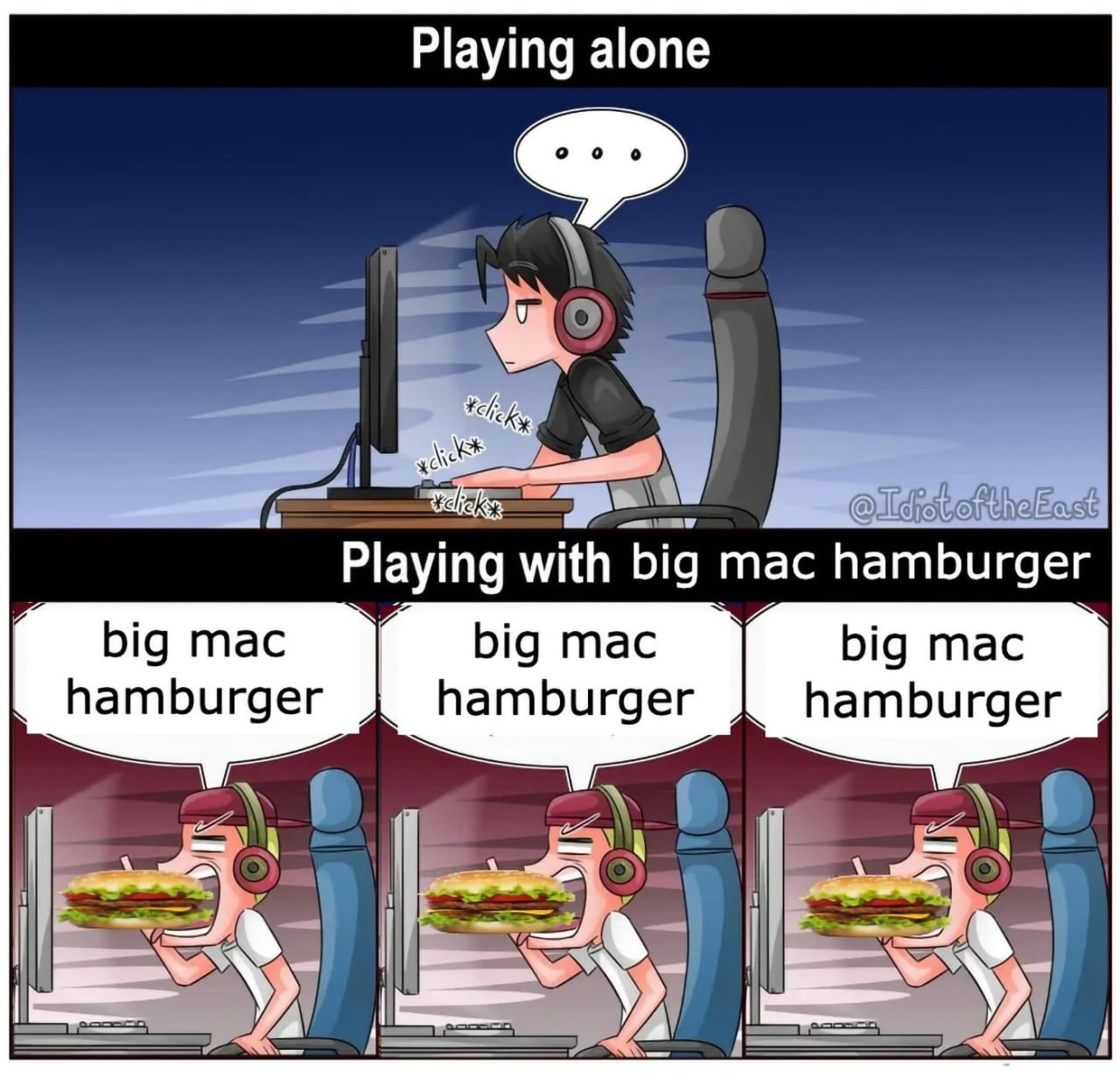 Playing with big mac hamburger Мем про геймера, который играет в одиночестве и с гамбургером Биг Мак.