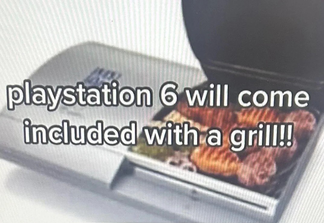 Playstation 6 с грилем Мем с Playstation 6 и грилем, на котором готовятся колбаски и овощи.