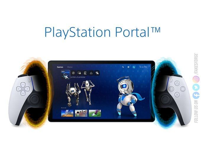 PlayStation Portal концепт Концепт PlayStation Portal с контроллерами DualSense, выходящими из оранжевого и синего порталов по бокам экрана, на котором изображено меню PlayStation.