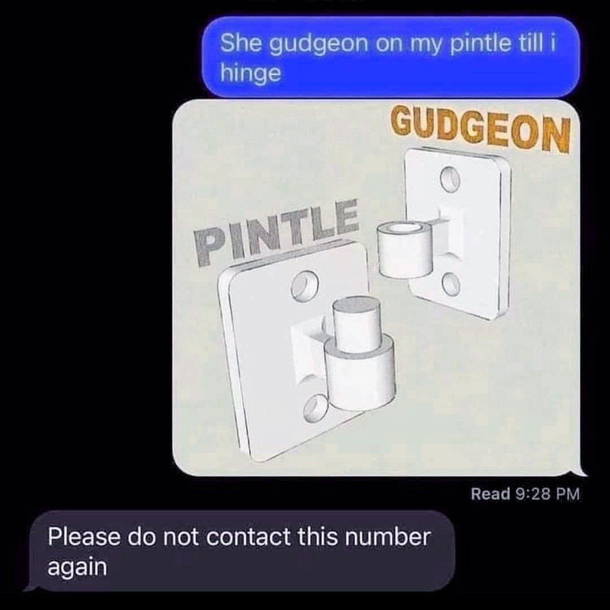 Please do not contact this number again Мем с сообщением "Please do not contact this number again" в ответ на пошлый каламбур про части шарнира