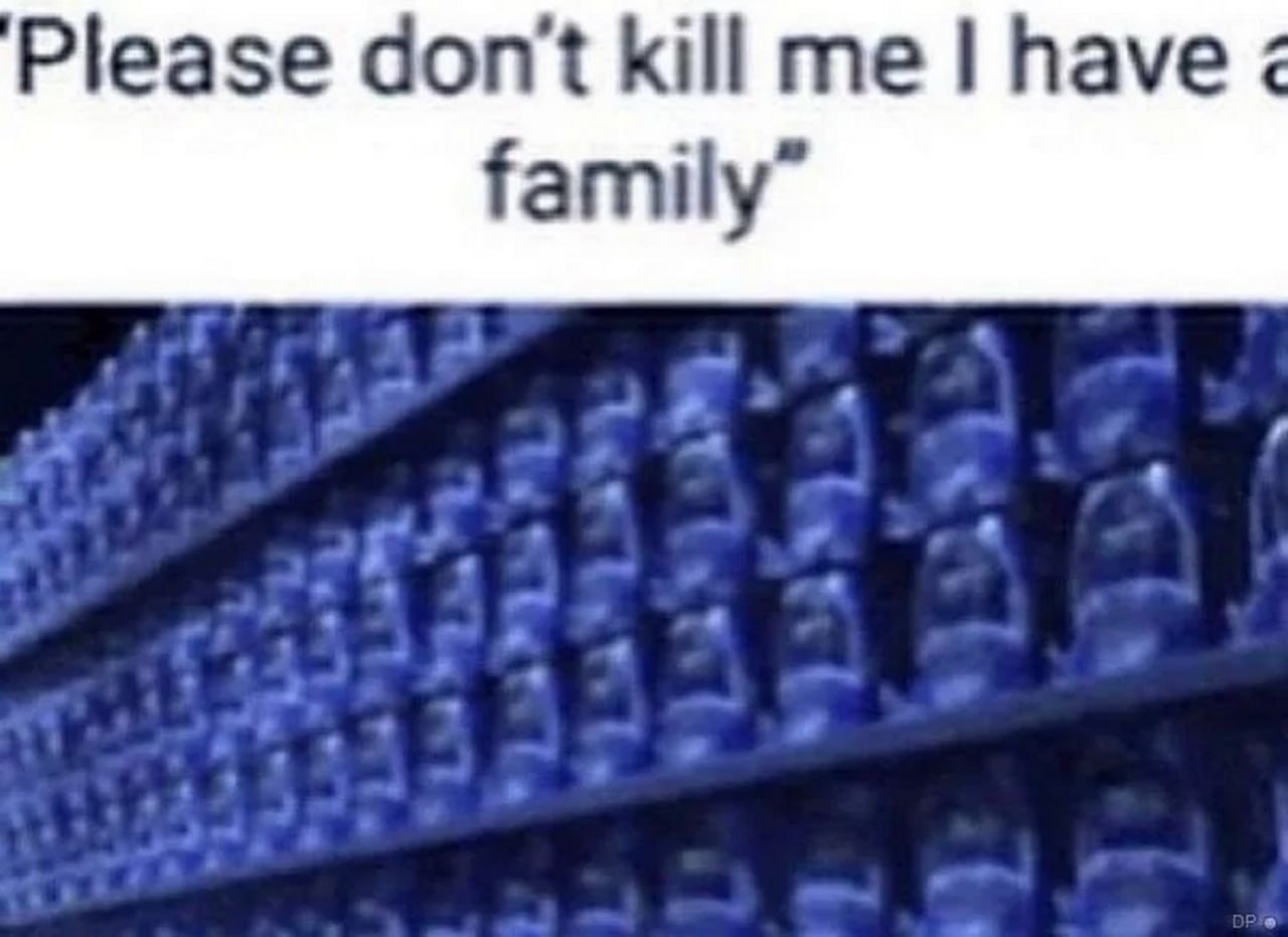 Please don't kill me I have a family Мем с бутылками воды, которые стоят на полке, где каждая из них имеет лицо, и они говорят: «Пожалуйста, не убивай меня, у меня есть семья».
