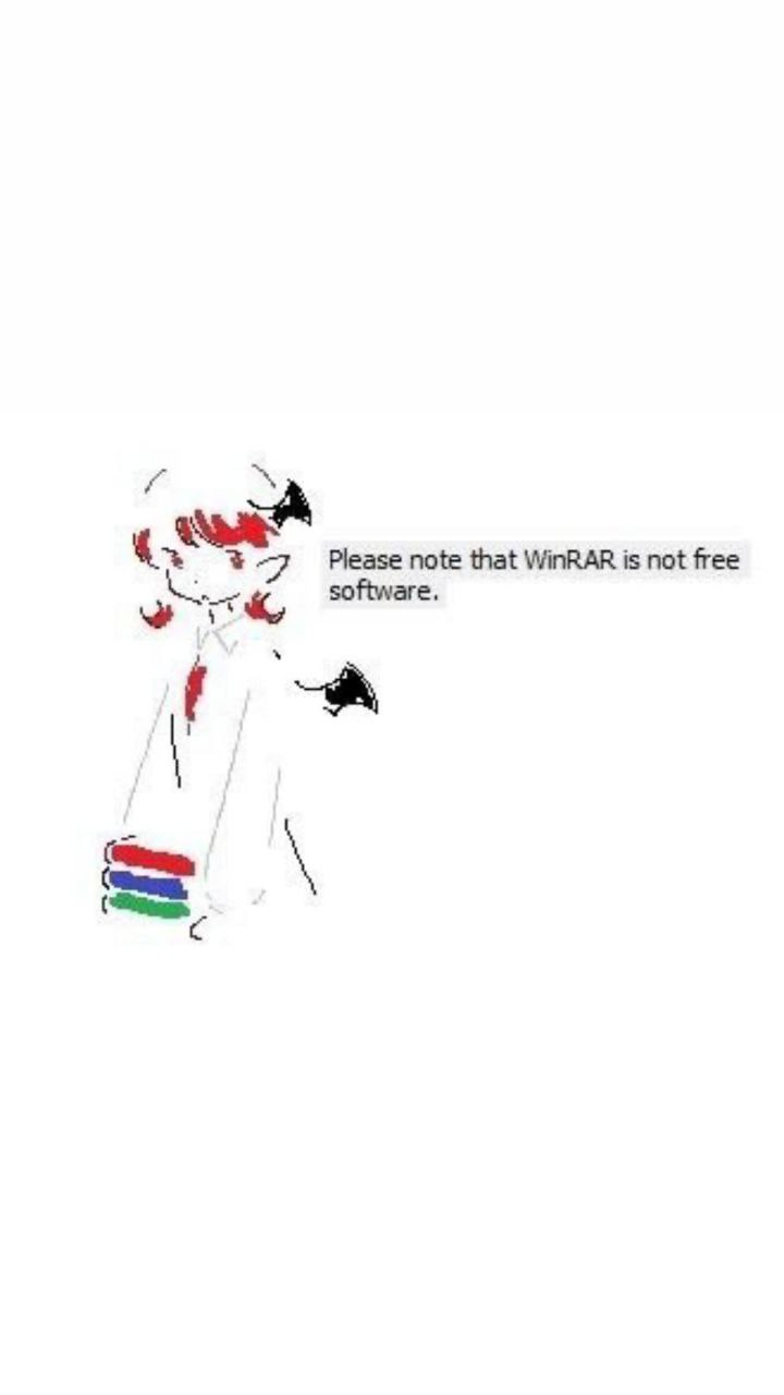 Please note that WinRAR is not free software Персонаж из аниме с рожками и крыльями, держащий стопку книг, и надпись «Please note that WinRAR is not free software»