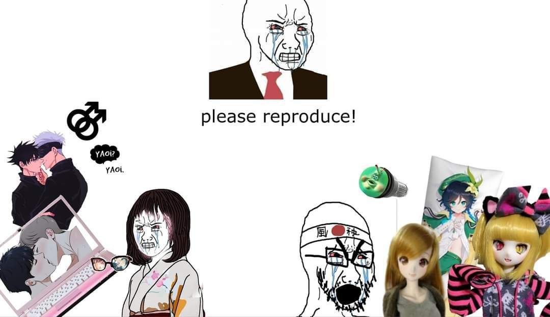 Коллаж с плачущими персонажами, яоем и куклами под подписью «Please reproduce!»