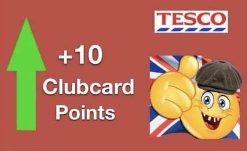 +10 Clubcard Points Мем с британским смайлом и надписью "+10 Clubcard Points" на красном фоне.