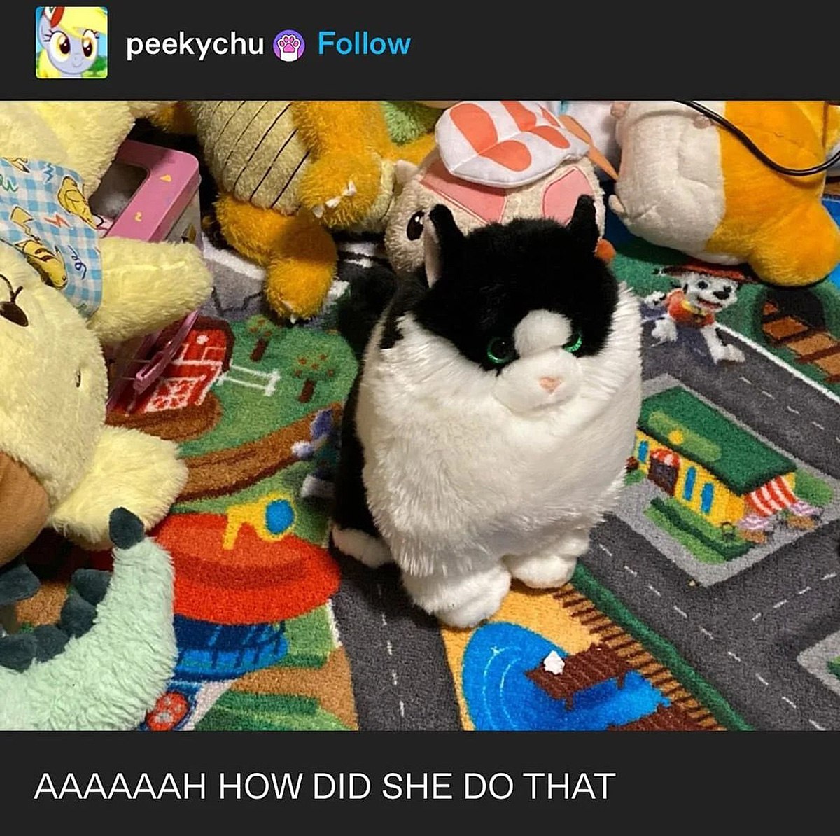 Мягкая игрушка кошка на ковре Мягкая игрушка, черно-белый кот сидит на детском ковре с нарисованными дорогами и зданиями, окруженный другими игрушками. Снизу подпись: «AAAAAAH HOW DID SHE DO THAT»