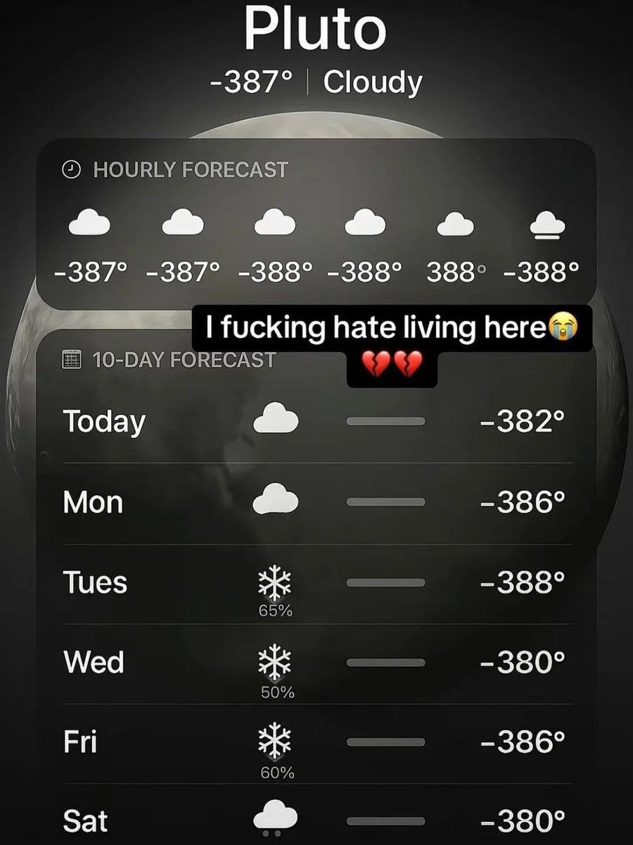 I fucking hate living here, Плутон Прогноз погоды на Плутоне с температурой минус 387 градусов и подписью "I fucking hate living here".