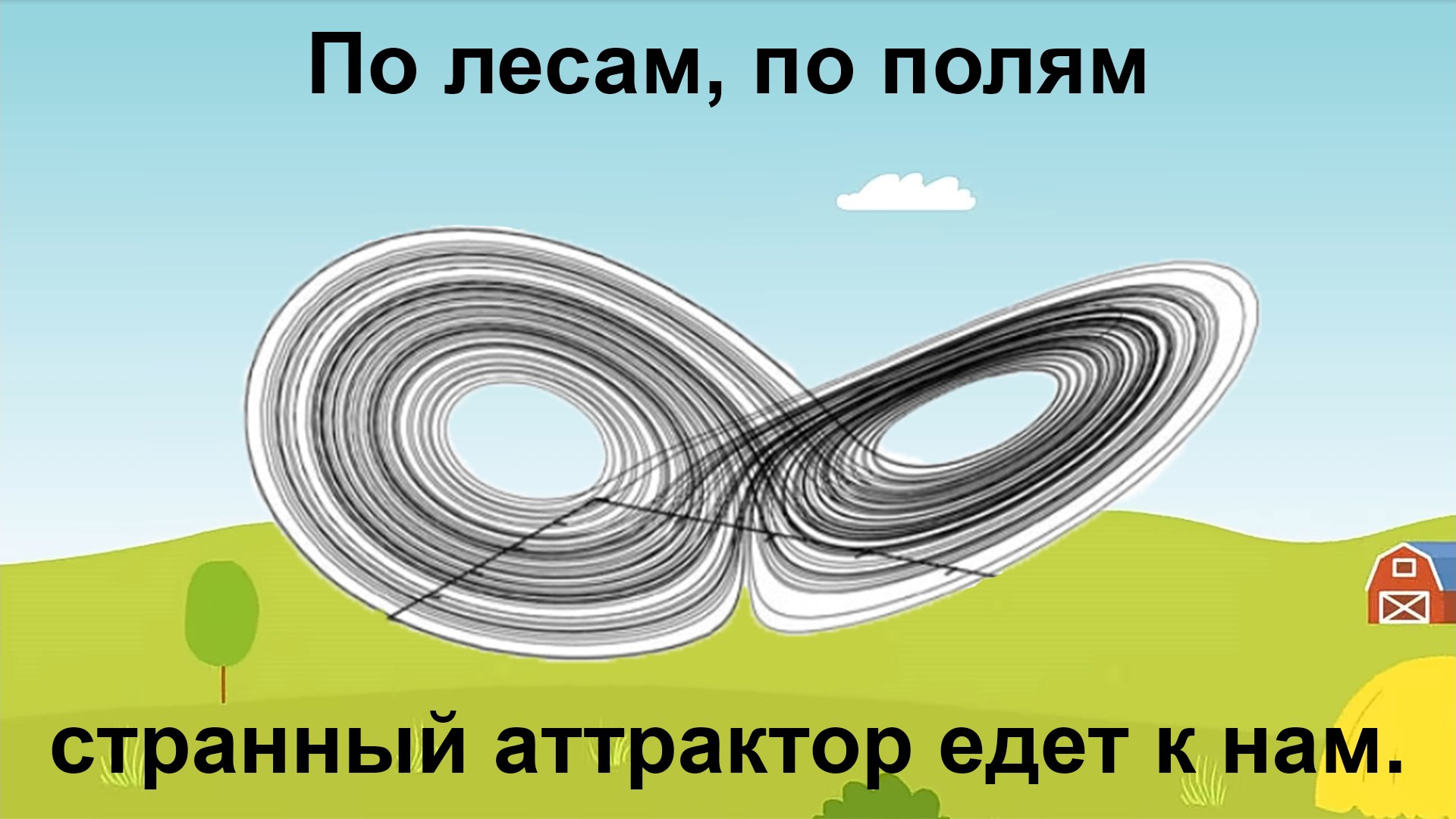 По лесам, по полям, странный аттрактор едет к нам Мем с рисунком странного аттрактора Лоренца и текстом 'По лесам, по полям, странный аттрактор едет к нам'