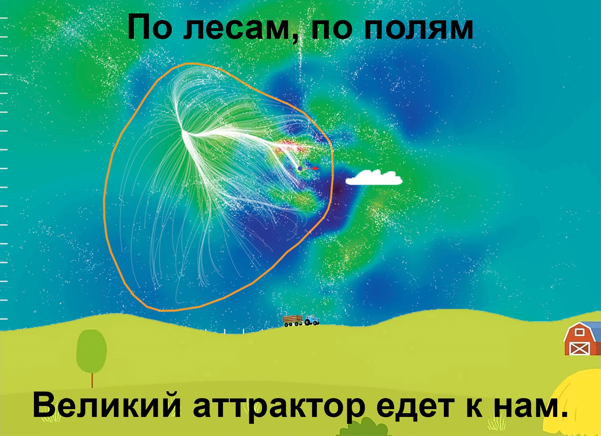 По лесам, по полям Великий аттрактор едет к нам Мем про Великий аттрактор, едущий по лесам и полям, с трактором и полем на фоне