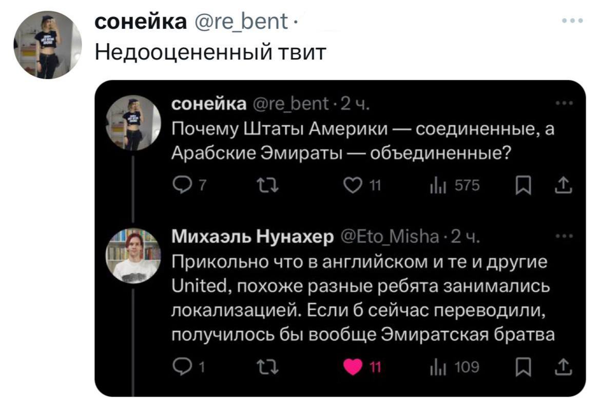 Почему Штаты Америки соединенные Твит о том, почему Штаты Америки — соединенные, а Арабские Эмираты — объединенные