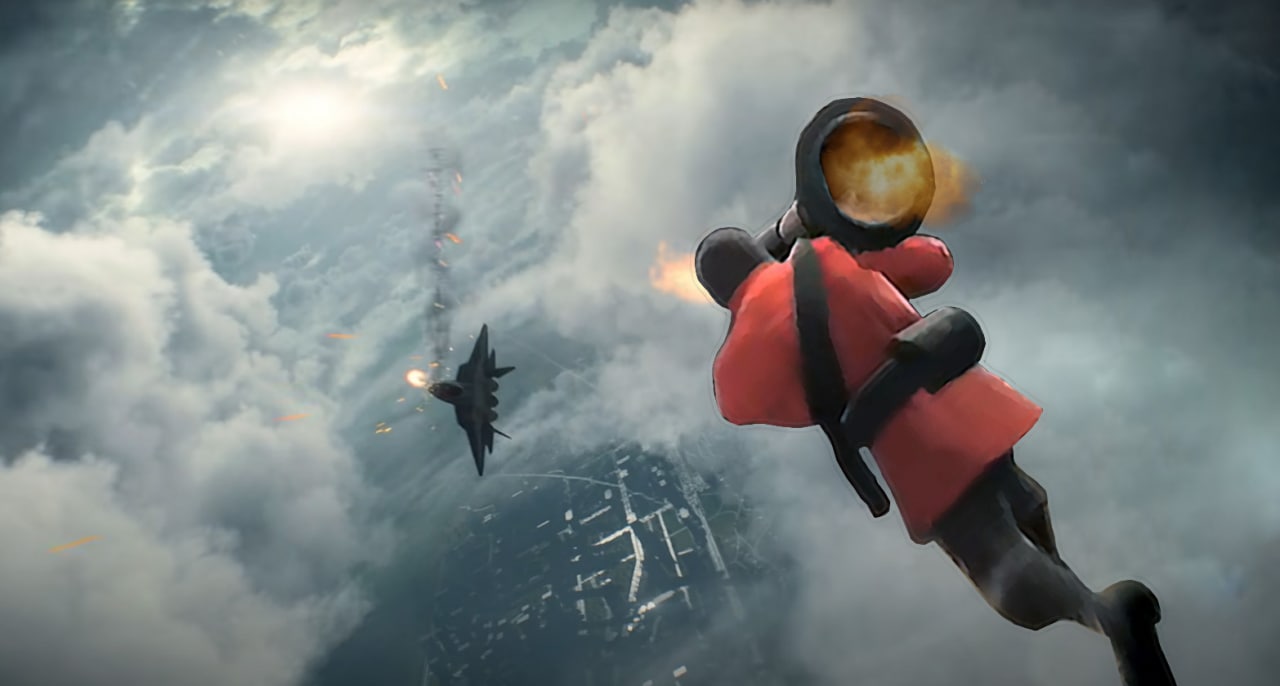 Поджигатель летит с горящим напалмом Красный поджигатель из Team Fortress 2 на фоне города, который летит с горящим напалмом, а на заднем плане черный истребитель из Team Fortress 2, который падает, и тоже горит