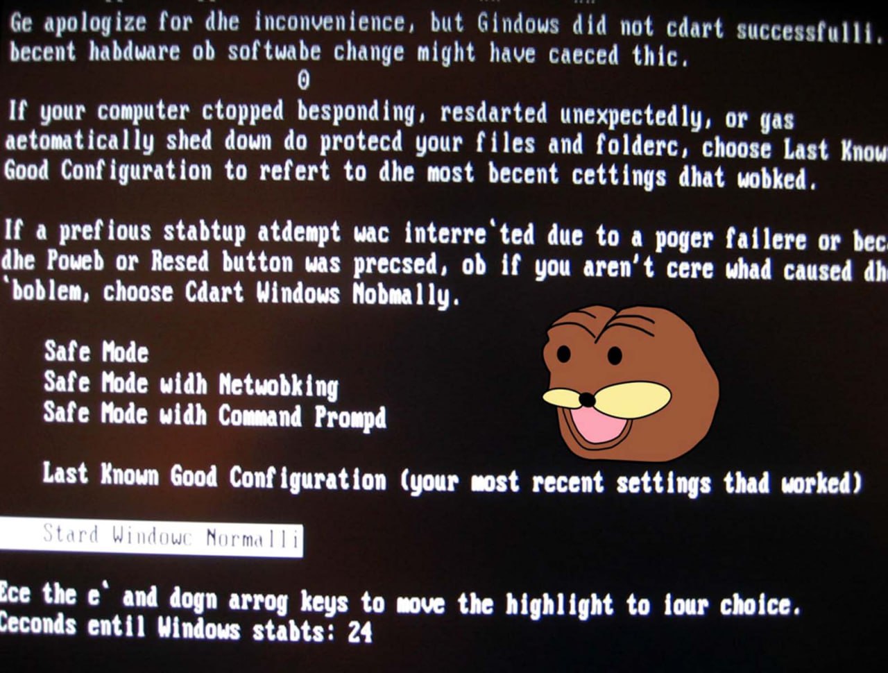 Пог на синем экране смерти Мем с погом на синем экране смерти Windows, где текст ошибки содержит много опечаток и выглядит очень смешно.