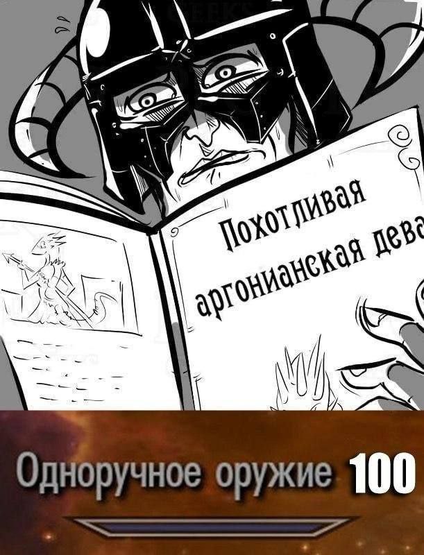 Похотливая аргонианская дева Довакин читает книгу «Похотливая аргонианская дева», а снизу подпись: «Одноручное оружие 100»