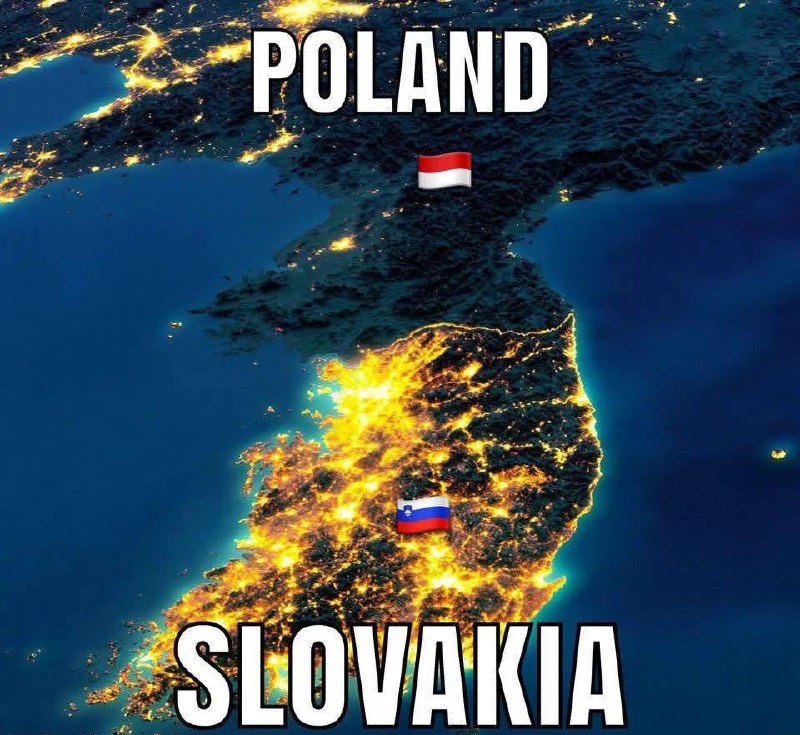 Ночная карта Европы с перепутанными подписями: POLAND указана над Великобританией, а SLOVAKIA — на территории Ирландии.