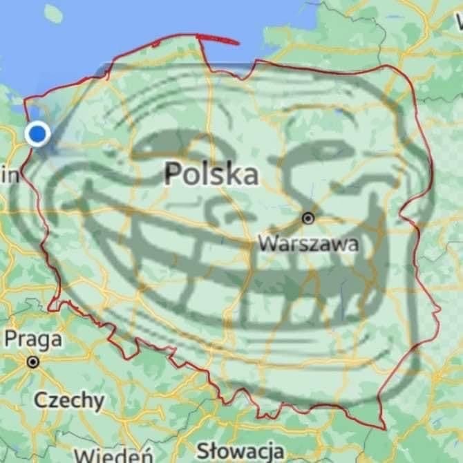 Польша троллфейс на карте На карте Польши наложено изображение троллфейса, создавая иллюзию хитрой улыбки страны.