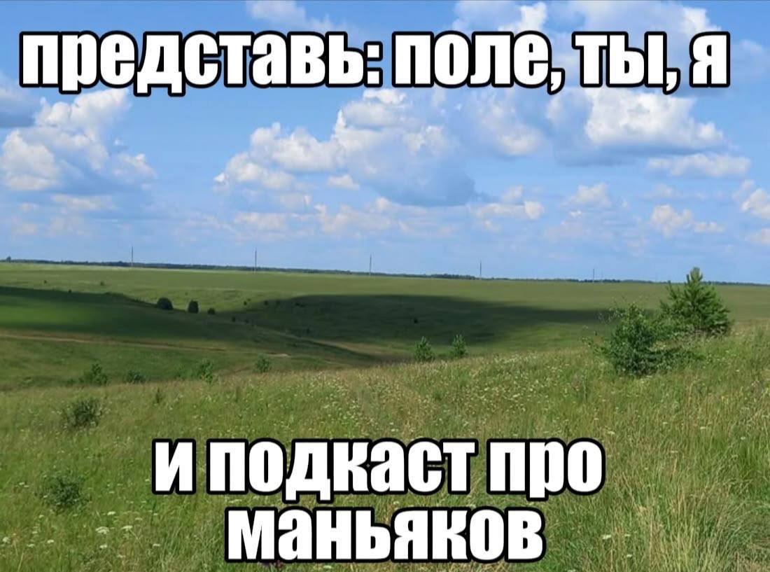 Пейзаж с зелёным полем и надписью: «Представь: поле, ты, я и подкаст про маньяков»
