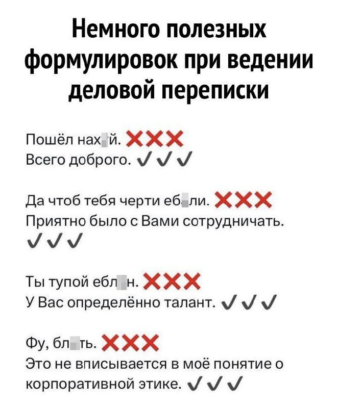 Немного полезных формулировок при ведении деловой переписки Мем с полезными формулировками при ведении деловой переписки, где грубые фразы заменены на вежливые варианты