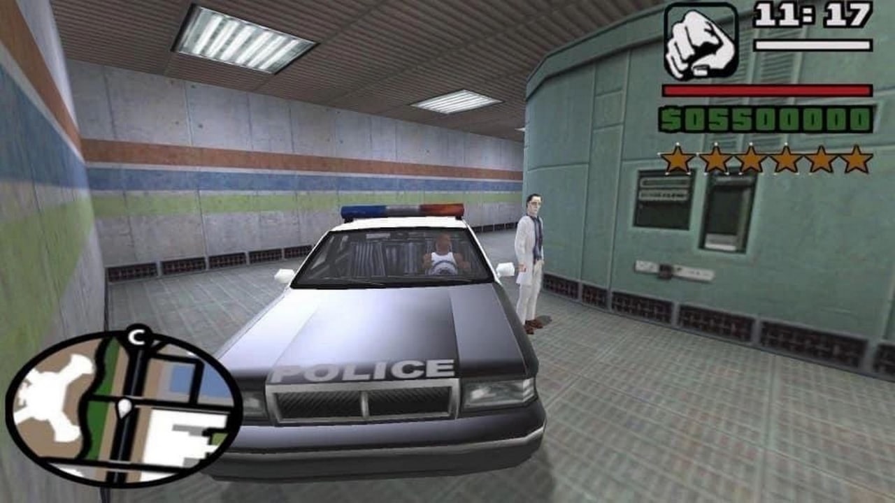 Полицейская машина и шесть звёзд розыска в GTA 3 Мем со скриншотом из игры GTA 3, где показана полицейская машина и персонаж в белом халате, а также элементы игрового интерфейса, включая шесть звёзд розыска.