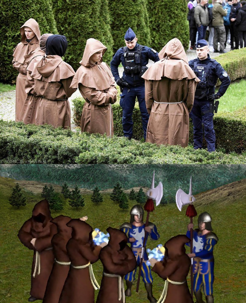 Полиция и монахи из Age of Empires Полицейские смотрят на четырех людей в рясах, а снизу — монахи и стражники из игры Age of Empires II.