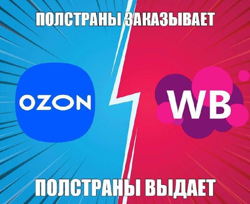 Сравнение Ozon и WB с надписями «Полстраны заказывает» и «Полстраны выдает»