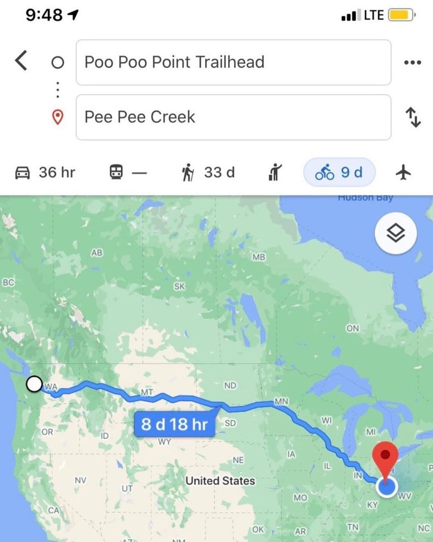 Poo Poo Point Trailhead на Pee Pee Creek Прикол с названиями мест Poo Poo Point Trailhead и Pee Pee Creek на картах Google